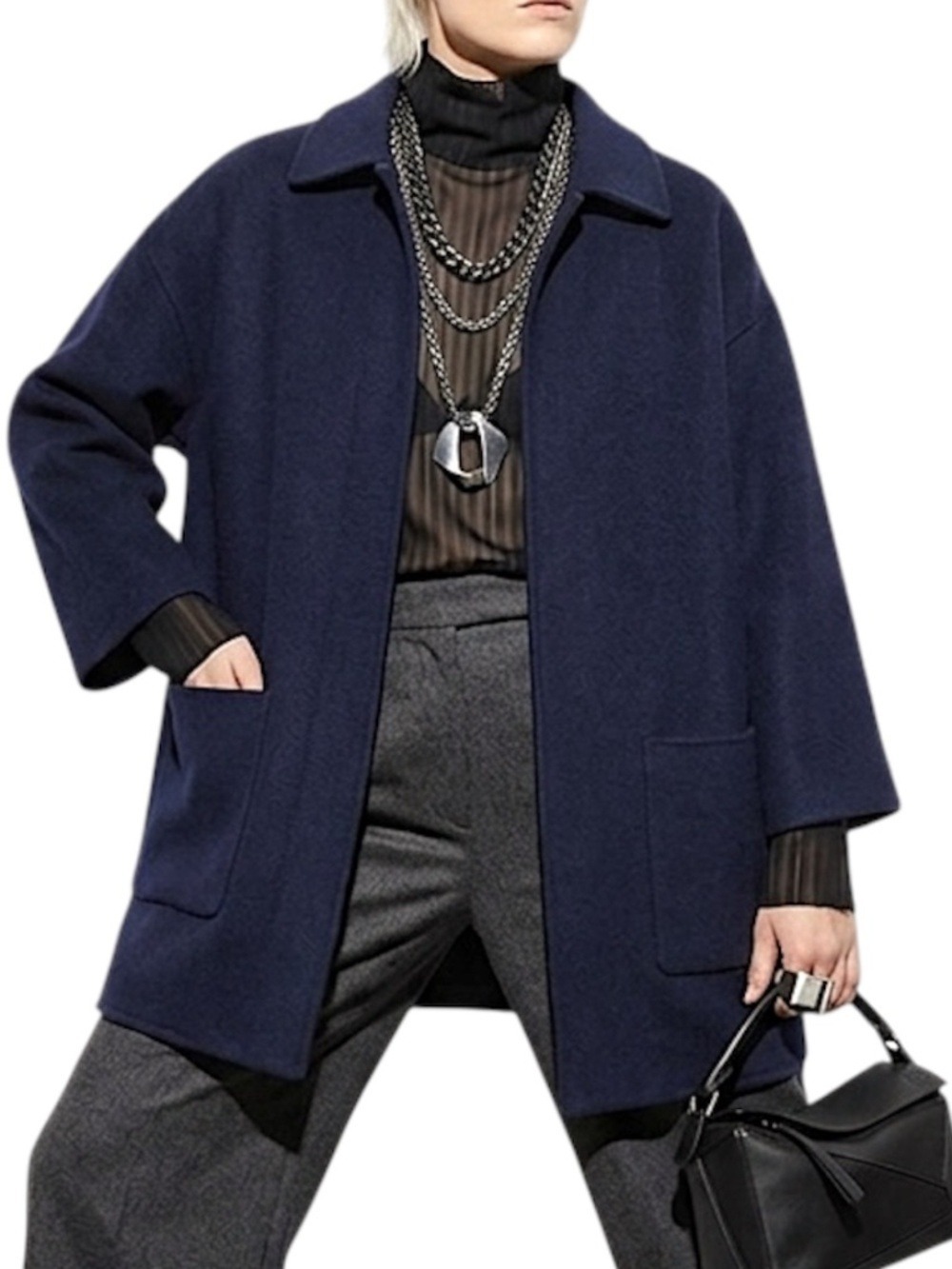 Stefanel Italy blue wool blend boxy oversized minimalist quiet luxury coat XS